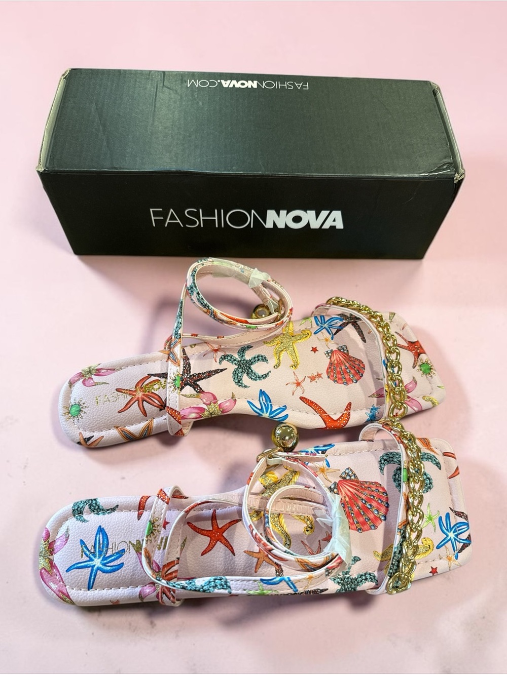 Fashion Nova Pink Multicolor Seashell Chain Strap Sandals